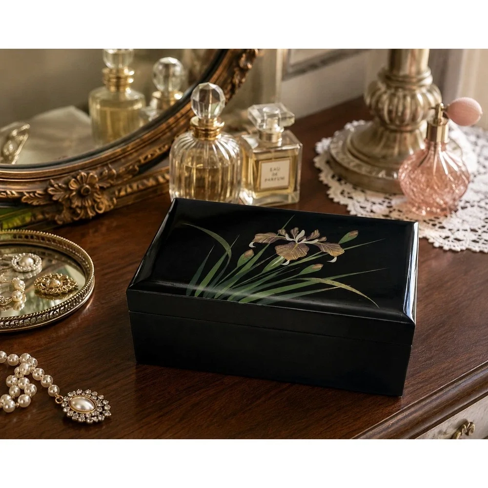 San Francisco Music Box Co Black Lacquer Iris Jewelry Box Lara's Theme Vintage